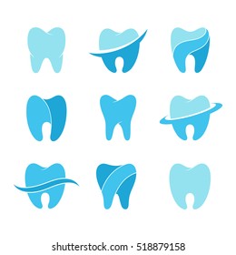 Teeth vector icon set isolated on a background. Silhouettes of teeth for dental clinic logo or business card dentist. Signs for the concept of healthy teeth and smile. 