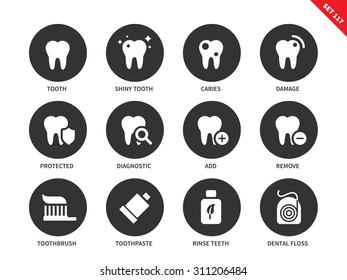 Teeth vector icons set. Helth and medicine concept. Dentistry icons, tooth, caries, diagnostic, protected, toothbrush, toothpaste, dental floss. Isolated on white backround