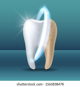 Teeth whitening 3d concept. Comparison of clean and dirty tooth before and after whitening treatment. Teeth whitening procedure, dental health and oral hygiene poster for dentistry design