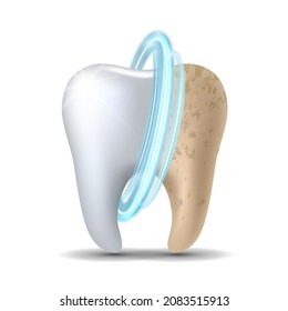 Teeth whitening 3d concept. Comparison of clean and dirty tooth before and after whitening treatment. Teeth whitening procedure, dental health and oral hygiene poster for dentistry design