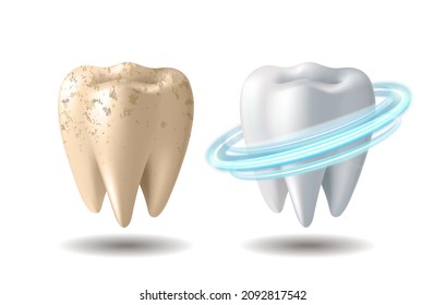 Teeth whitening 3d concept. Comparison of clean and dirty tooth before and after whitening treatment. Teeth whitening procedure, dental health and oral hygiene poster for dentistry design