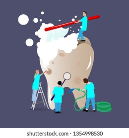 Teeth whitening and brushing. Team of dentists cleaning teeth. Doctor with toothbrush. Dentist clean plaque and care to hygiene. Vector illustration
