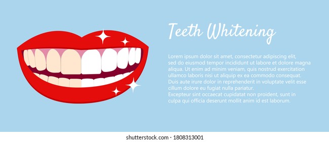 Teeth Whitening concept with laughed mouse and teeth before and after bleaching. With text places. Good for banners, posters. Vector isolated elemnts on blue background EPS10