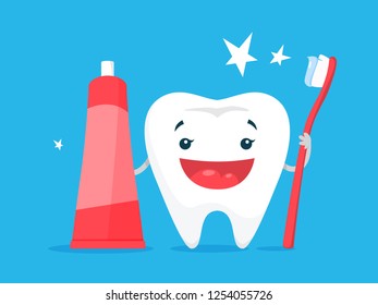 Teeth whitening concept. Tooth become white in dental clinic. Protection and treatment concept. Vector flat illustration