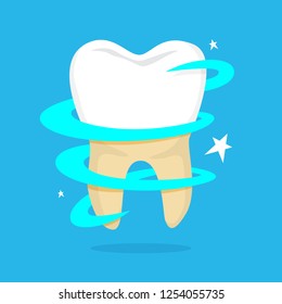 Teeth whitening concept. Tooth become white in dental clinic. Protection and treatment concept. Vector flat illustration