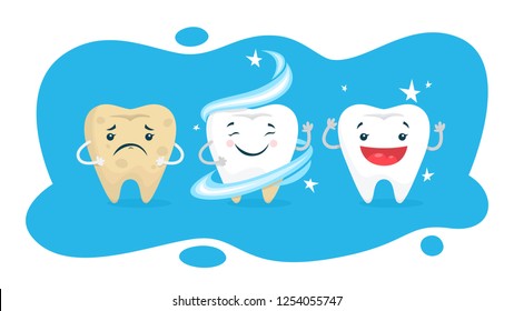 Teeth whitening concept. Tooth become white in dental clinic. Protection and treatment concept. Vector flat illustration