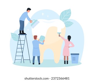 Teeth whitening, dental care and oral hygiene vector illustration. Cartoon team of tiny people cleaning with toothbrush and sponge big yellow human tooth to white, dentists clean enamel to shine