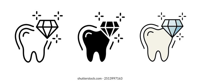 Ícone de clareamento dos dentes. Ilustração de vetor de branqueamento dentário. Dente brilhante com símbolo de diamante. Dentes limpos esmalte logotipo odontológico. Smiley brilhante conceito isolado. Pictograma de clareamento a laser de dentes brancos.