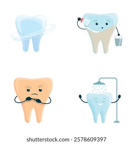 Teeth whitening icons set cartoon vector. Yellow tooth turn white after brushing. Healthcare, dentistry