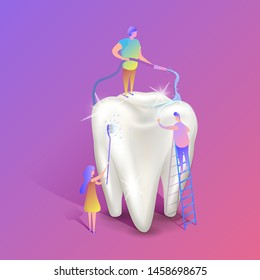 Teeth whitening isometric illustration. Group of male and female characters standing next to big white healthy tooth. Teeth hygiene and care.