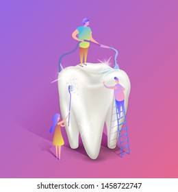 Teeth whitening isometric illustration. Group of male and female characters standing next to big white healthy tooth. Teeth hygiene and care.