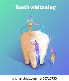 Teeth whitening isometric illustration. Group of male and female characters standing next to big tooth. Half of the tooth is dirty, the other is clean and white. Teeth hygiene and care.