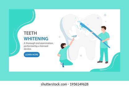 Teeth whitening landing page. Doctors clean and cover a large tooth with white varnish. Dental care concept.