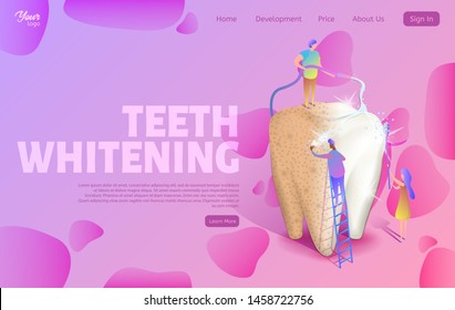 Teeth whitening landing web page template. Group of male and female characters standing next to big tooth. Half of the tooth is dirty, the other is clean and white. Teeth hygiene and care.