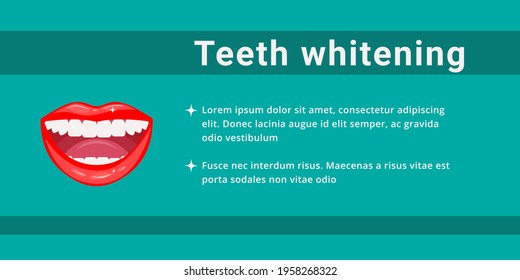 Teeth whitening. An open smiling female mouth with healthy white teeth. Dental and oral care. Dental care banner or flyer design template. Vector illustration.