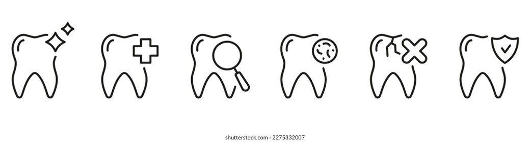 Teeth Whitening Procedure Line Icon Set. Dental Protection. Tooth Health Checkup and Diagnostic Linear Pictogram. Dentistry Symbol. Dental Treatment. Editable Stroke. Isolated Vector Illustration.