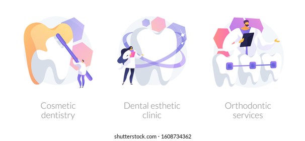 Procedimientos de limpieza profesional y blanqueamiento de dientes. Corchetes dentales. Odontología estética, clínica estética dental, metáforas de servicios ortodoncicos. Ilustraciones de metáforas conceptuales aisladas por vectores.