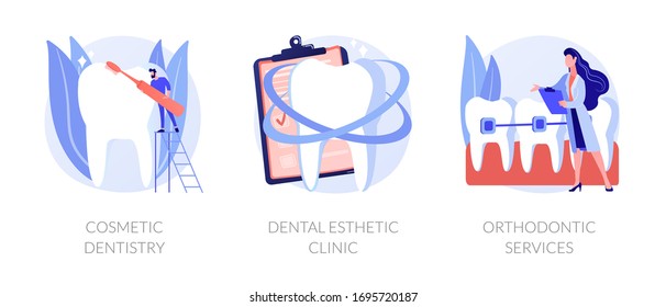 Teeth whitening and professional cleaning procedures. Dental braces. Cosmetic dentistry, dental esthetic clinic, orthodontic services metaphors. Vector isolated concept metaphor illustrations.