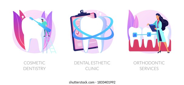 Teeth whitening and professional cleaning procedures. Dental braces. Cosmetic dentistry, dental esthetic clinic, orthodontic services metaphors. Vector isolated concept metaphor illustrations.
