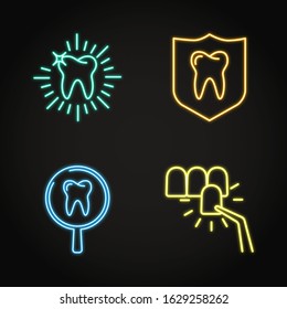 Teeth whitening and protection icon set in neon line style. Stomatology vector illustration.