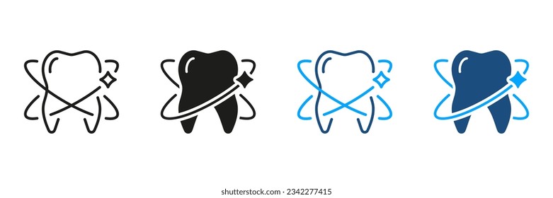 Teeth Whitening Silhouette and Line Icon Set. Dentistry, Oral Hygiene. Dental Freshness and Protection. Healthy Clean Tooth Pictogram. Dental Treatment Symbol Collection. Isolated Vector Illustration.