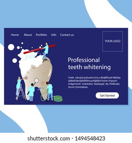 Teeth whitening and stomatology clinic website page. Professional team dentists do whitening. Clean teech, wash and recovery . Vector illustration