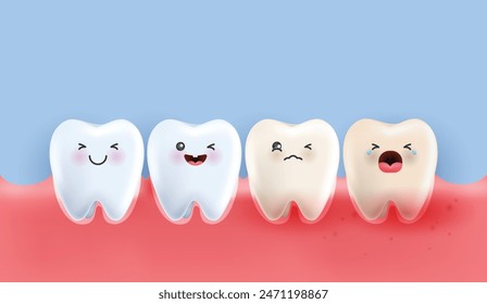 Teeth whitening treatment, from white to yellow teeth. dental health concept. can be used in children dentist clinic. medical health and dentistry concept. cartoon dental character. vector design.