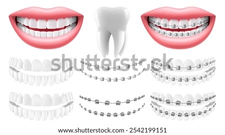 Teeth with or without braces. Arch braces without teeth. Orthodontic dentistry. The alignment of the teeth. Smile with white teeth and braces. Isolated realistic 3d vector