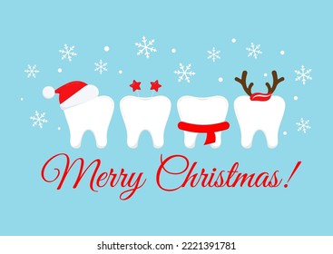 Teeth with xmas accessories on Merry Christmas dentist greeting card. White winter teeth in santa hat with deer horns photo props. Flat design cartoon style vector illustration.