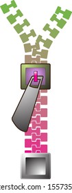 Teeth of zipper with color by gradient between green to magenta, closing by zipper lock. Vector illustration on transparent background.
