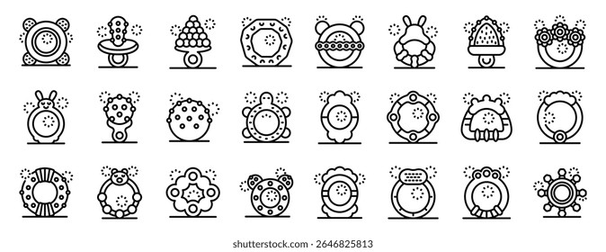  Teething toys icons set. Different designs of teething toys providing comfort and stimulation to babies during the teething phase