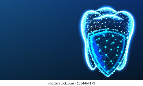 teeth,tooth and shield. Dental Protection. Dental care. Abstract Low Poly wireframe mesh design. From connecting dot and line. Shine Lines. Vector Illustration on dark blue background