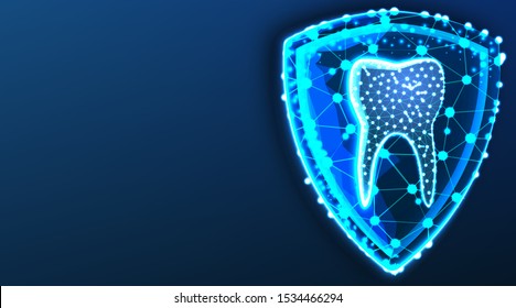 teeth,tooth and shield. Dental Protection. Dental care. Abstract Low Poly wireframe mesh design. From connecting dot and line. Shine Lines. Vector Illustration on dark blue background