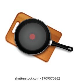 Teflón con indicador rojo en tablero de madera vista aislada arriba realista y composición coloreada 