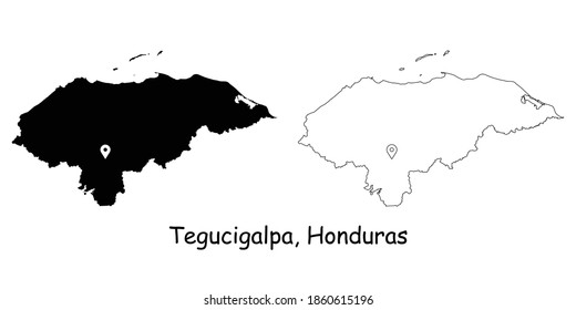 Tegucigalpa Honduras. Detailed Country Map with Location Pin on Capital City. Black silhouette and outline maps isolated on white background. EPS Vector