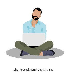 Teh man in front of his laptop is thinking about something, Flat design illustratur vector
