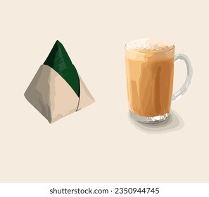 El Tarik Teh Tarik (Té Asado) y Nasi Lemak, un aromático arrozal cocinado en mik de coco y hojas de ruanda, son dos platos populares y deliciosos de la cocina malaya.Gráfico ilustrativo vectorial