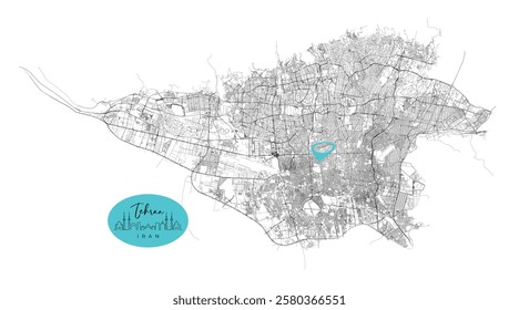 Tehran capital city of Iran,Urban Streets Roads Map with city center location pin, illustration vector element image 