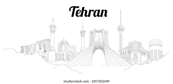 Tehran city hand drawing panoramic sketching style illustration