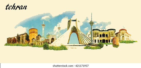 TEHRAN city panoramic vector water color illustration   