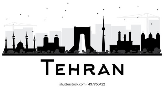 Tehran City Skyline Black And White Silhouette. Vector Illustration. Simple Flat Concept For Tourism Presentation, Banner, Placard Or Web Site. Business Travel Concept. Cityscape With Landmarks