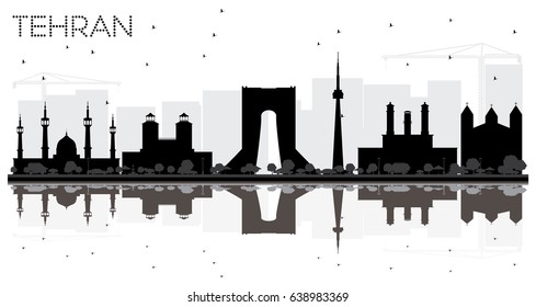 Tehran City skyline black and white silhouette with reflections. Vector illustration. Simple flat concept for tourism presentation, banner, placard or web site. Cityscape with landmarks.