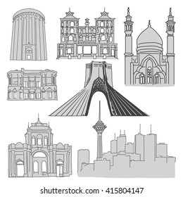 Tehran Famous Buildings, Outline Sketch, Vector Hand Drawn Artwork