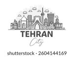 Tehran, Iran architecture line skyline illustration with shadows. Linear vector cityscape with famous landmarks, city sights, design icons.