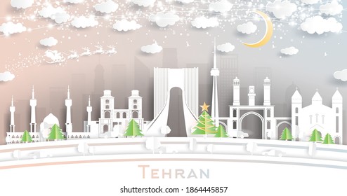 Tehran Iran City Skyline in Paper Cut Style with Snowflakes, Moon and Neon Garland. Vector Illustration. Christmas and New Year Concept. Santa Claus on Sleigh.