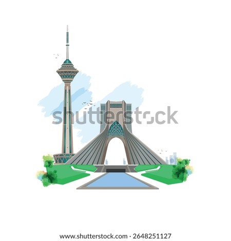 Tehran iran. illustration art work.  iconic landmark in Tehran, the capital of Iran. iran map.world tourism day