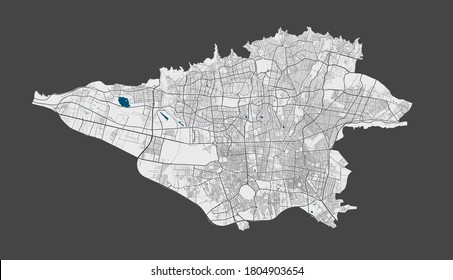 Tehran map. Detailed vector map of Tehran city administrative area. Poster with streets and water on grey background.