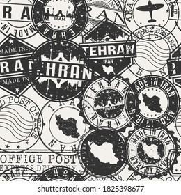 Tehran, Tehran Province, Iran Pattern of Stamps. Travel Passport Stamps. Made In Product. Design Seals in Old Style Insignia Seamless. Icon Clip Art Vector Collection.