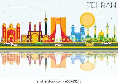 Tehran Skyline with Color Landmarks, Blue Sky and Reflections. Vector Illustration. Business Travel and Tourism Concept with Historic Buildings. Image for Presentation Banner Placard and Web Site.