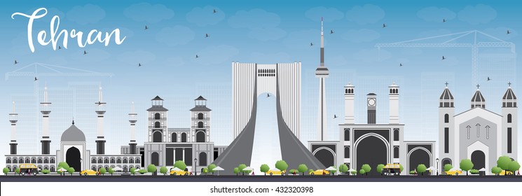 Tehran Skyline with Gray Landmarks and Blue Sky. Vector Illustration. Business Travel and Tourism Concept with Historic Buildings. Image for Presentation Banner Placard and Web Site.